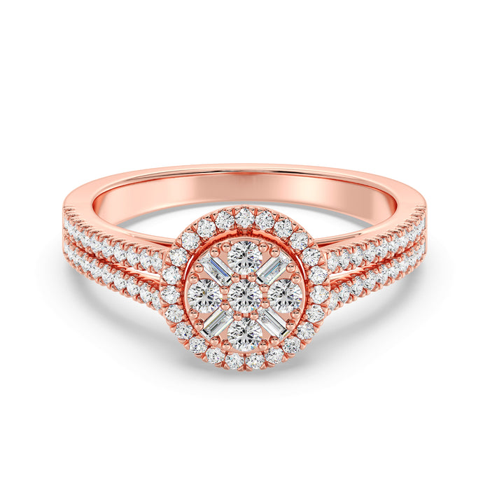 0.65 CTTW EF-VS Lab-Grown Round and Baguette Diamond Cluster Double Halo Engagement Ring in 18K Rose Gold