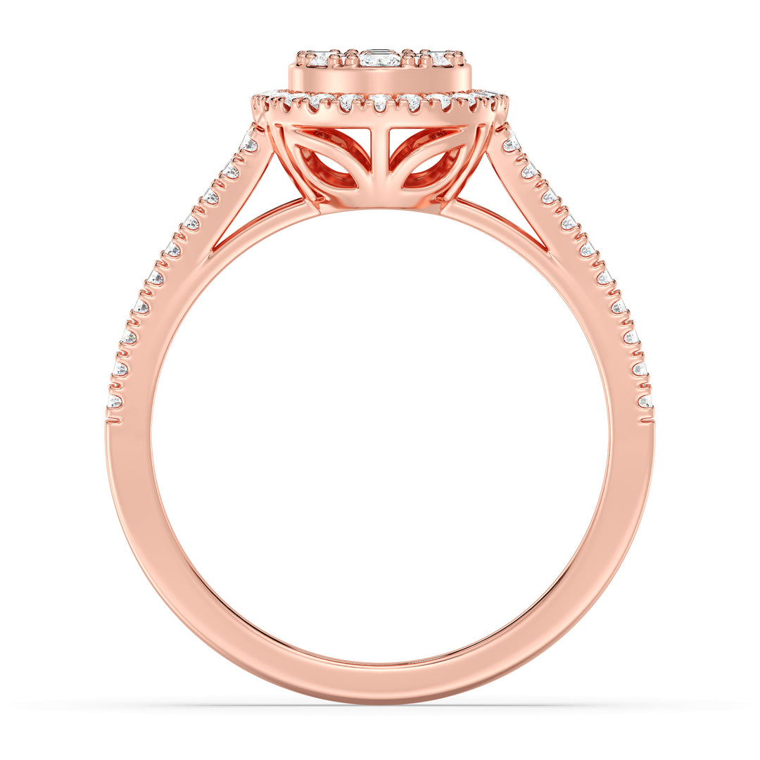 0.65 CTTW EF-VS Lab-Grown Round and Baguette Diamond Cluster Double Halo Engagement Ring in 18K Rose Gold