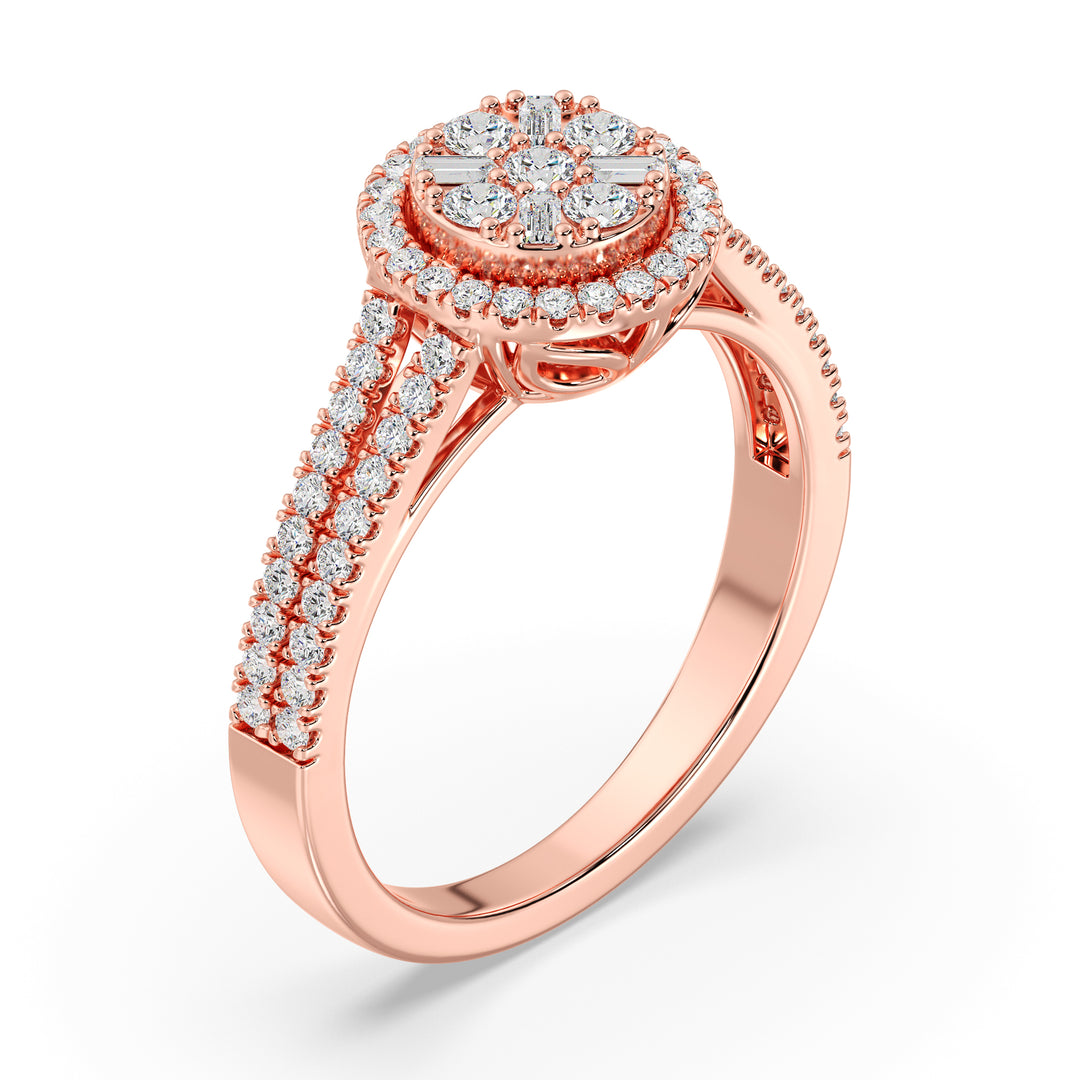 0.65 CTTW EF-VS Lab-Grown Round and Baguette Diamond Cluster Double Halo Engagement Ring in 18K Rose Gold