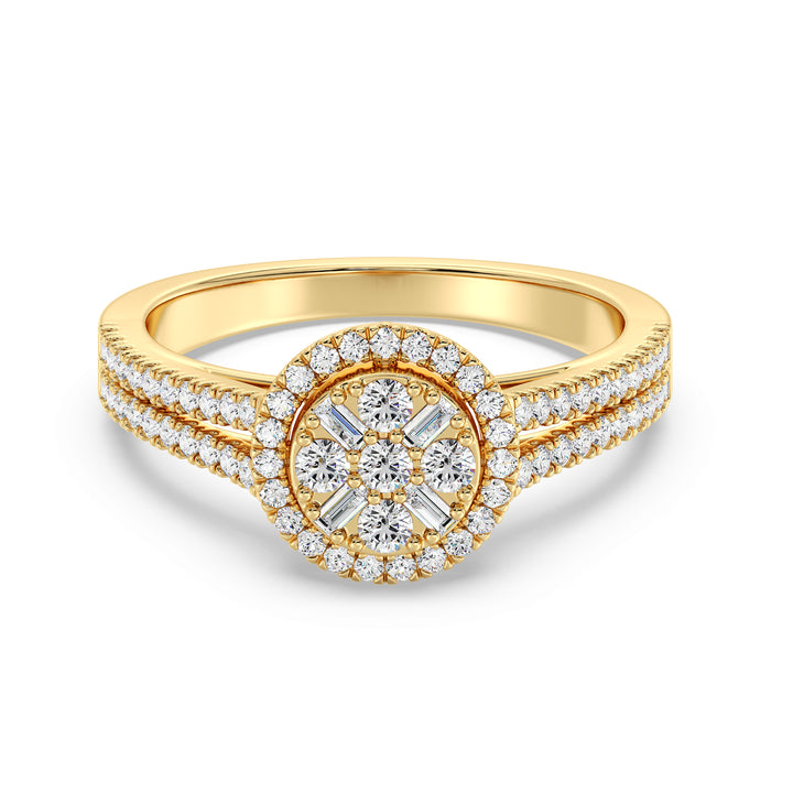 0.65 CTTW EF-VS Lab-Grown Round and Baguette Diamond Cluster Double Halo Engagement Ring in 18K Yellow Gold