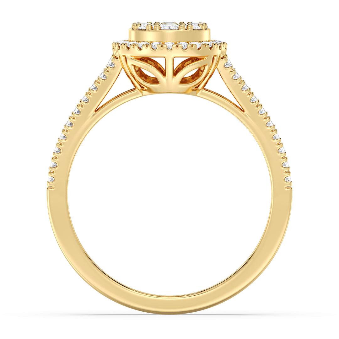 0.65 CTTW EF-VS Lab-Grown Round and Baguette Diamond Cluster Double Halo Engagement Ring in 18K Yellow Gold