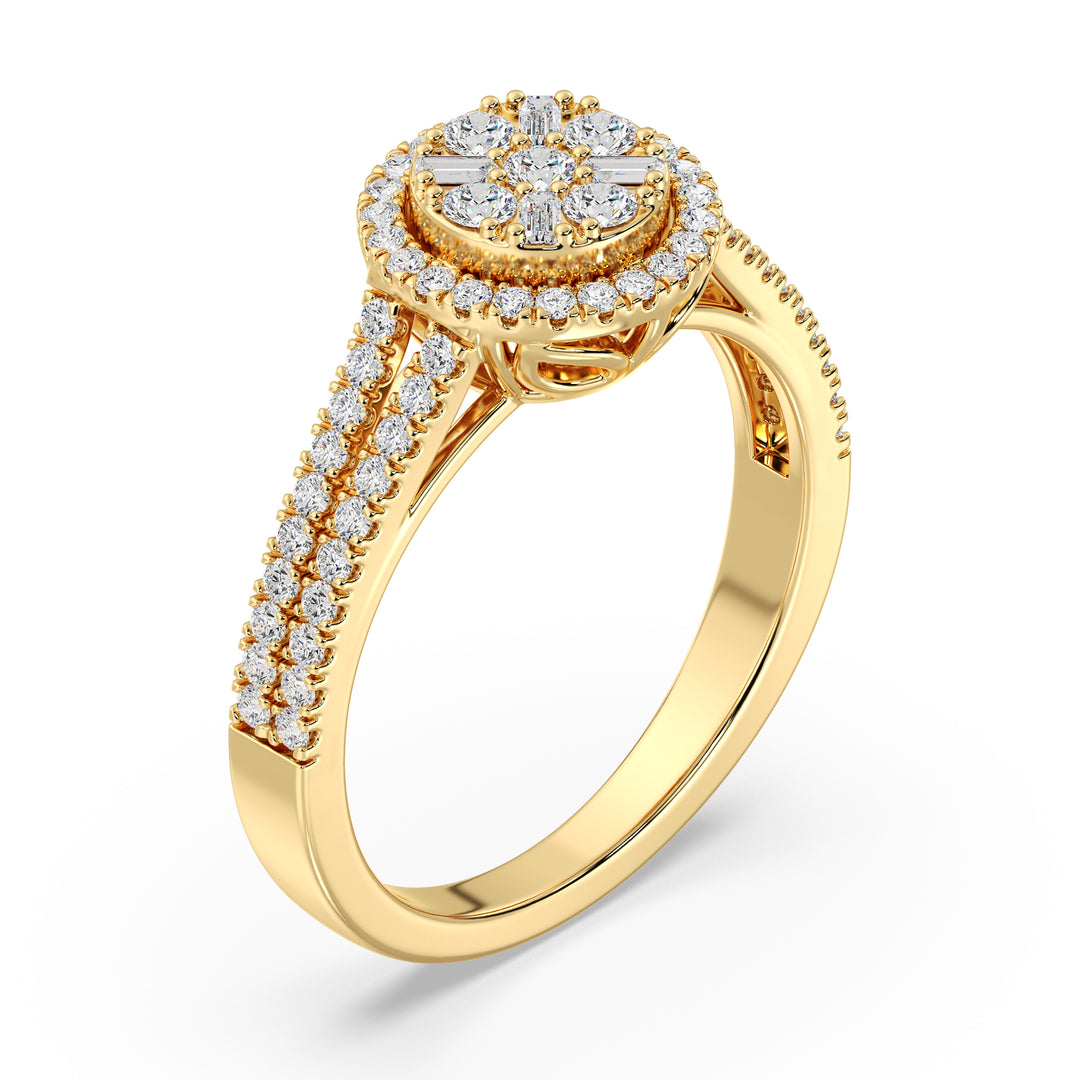 0.65 CTTW EF-VS Lab-Grown Round and Baguette Diamond Cluster Double Halo Engagement Ring in 18K Yellow Gold