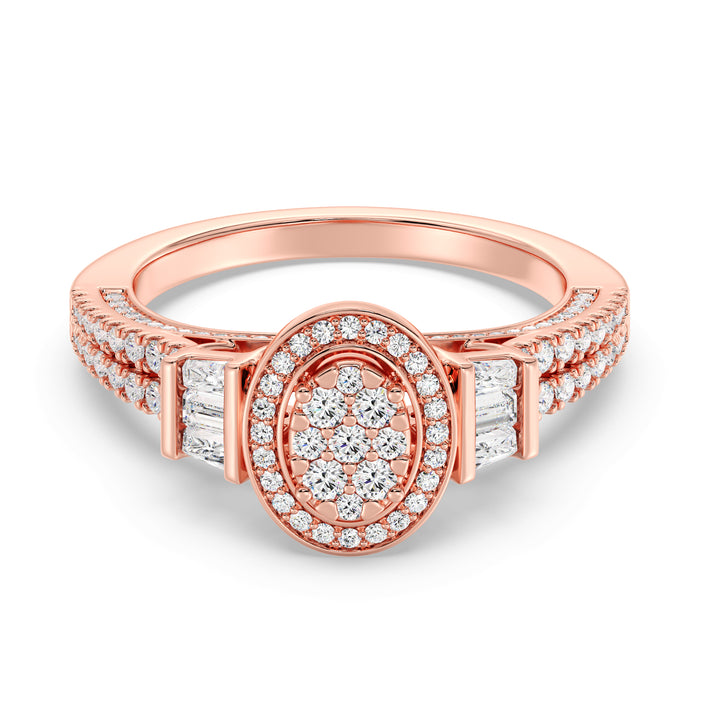 0.96 CTW Oval Halo Engagement Ring with Round and Tapered Baguette EF-VS Lab-Grown Diamonds set in Rose Gold