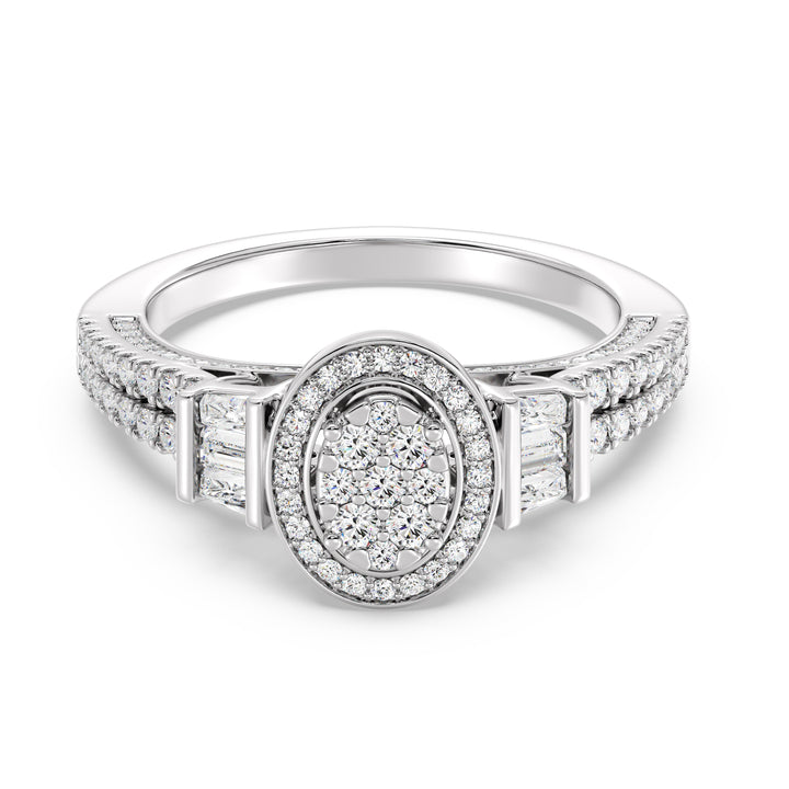 0.96 CTW Oval Halo Engagement Ring with Round and Tapered Baguette EF-VS Lab-Grown Diamonds set in White Gold