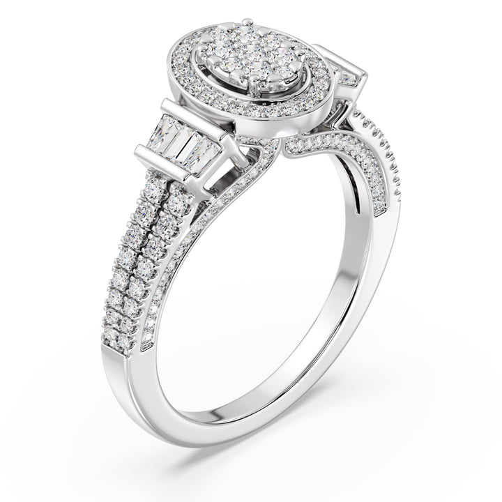 0.96 CTW Oval Halo Engagement Ring with Round and Tapered Baguette EF-VS Lab-Grown Diamonds set in White Gold