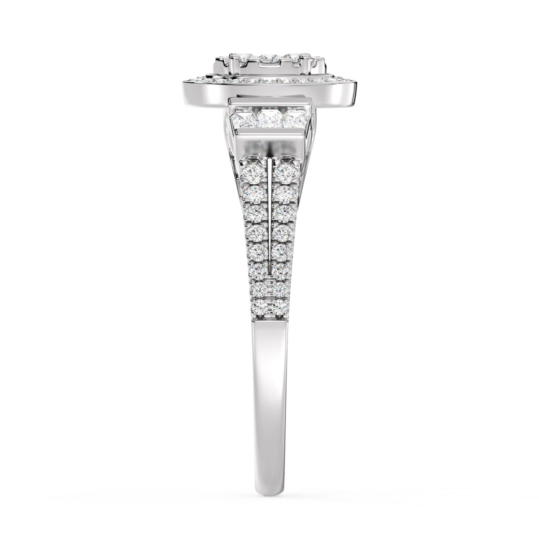 0.96 CTW Oval Halo Engagement Ring with Round and Tapered Baguette EF-VS Lab-Grown Diamonds set in White Gold