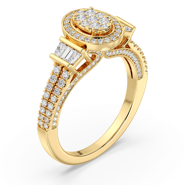 0.96 CTW Oval Halo Engagement Ring with Round and Tapered Baguette EF-VS Lab-Grown Diamonds set in Yellow Gold