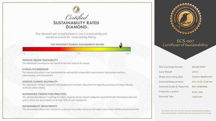 GIA Certified 3.26 CT Cushion Cut Lab-Grown Diamond | F Color VS1 Clarity