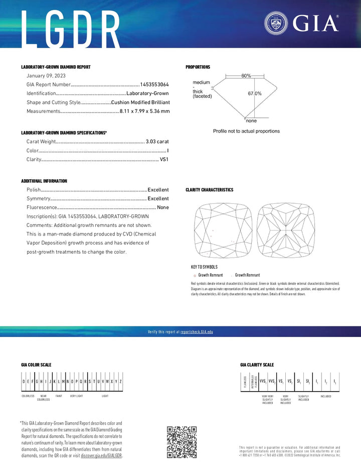 GIA Certified 3.03 CT Cushion Cut Lab-Grown Diamond | VS1 Clarity, I Color