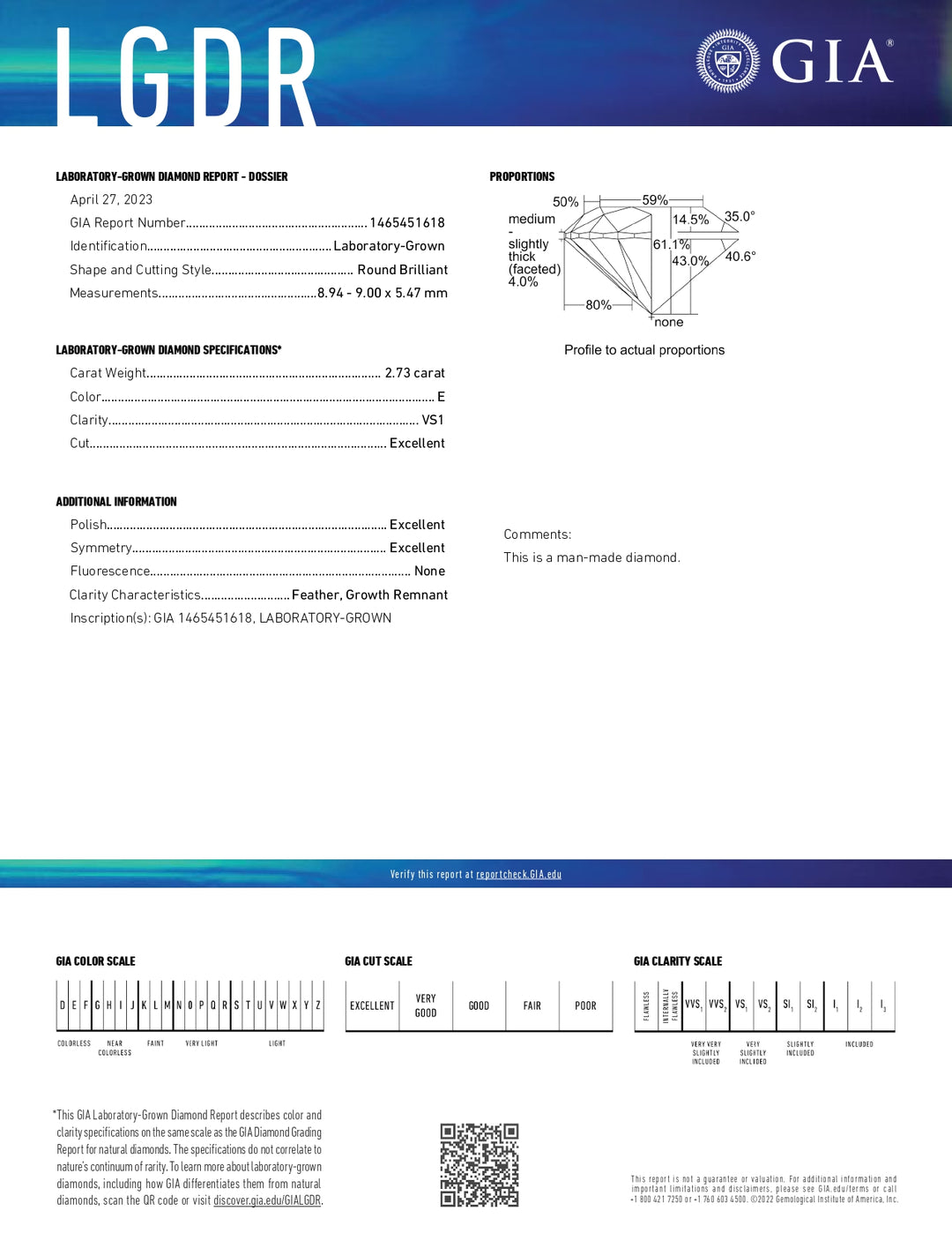 Diamant cultivé en laboratoire certifié GIA de 2,73 ct - Clarté VS1, couleur E, excellente coupe