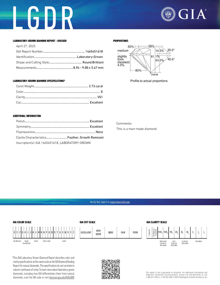 Diamant cultivé en laboratoire certifié GIA de 2,73 ct - Clarté VS1, couleur E, excellente coupe