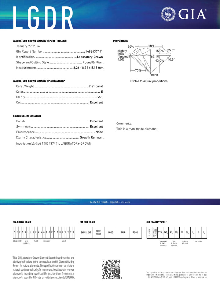 Diamant cultivé en laboratoire de taille ronde certifié GIA de 2,21 ct - Clarté VS1, couleur E, coupe idéale