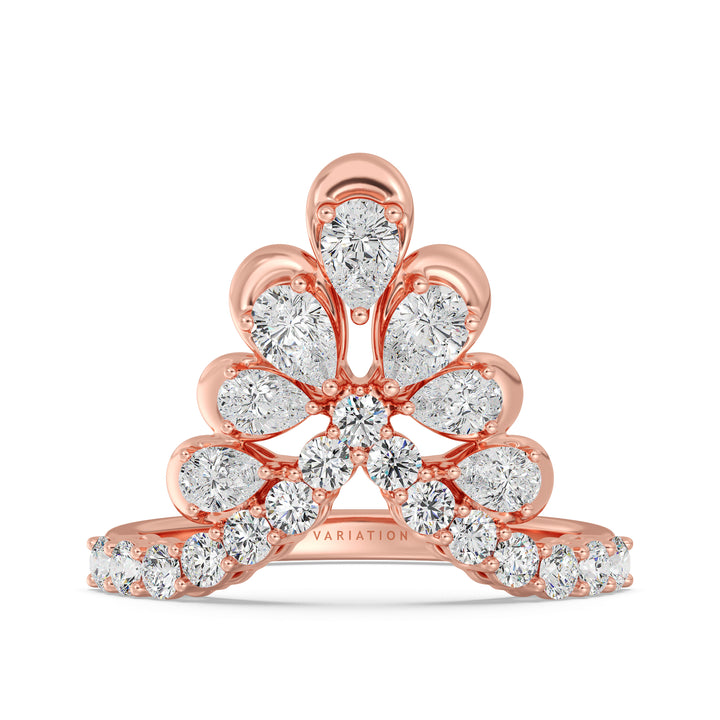 8K Rose Gold Blooming Floret Cather Ring with Lab-Grown Diamonds – Featuring 7 Pear-Cut and 15 Round-Cut Diamonds, 1.45 Carat Total Weight.