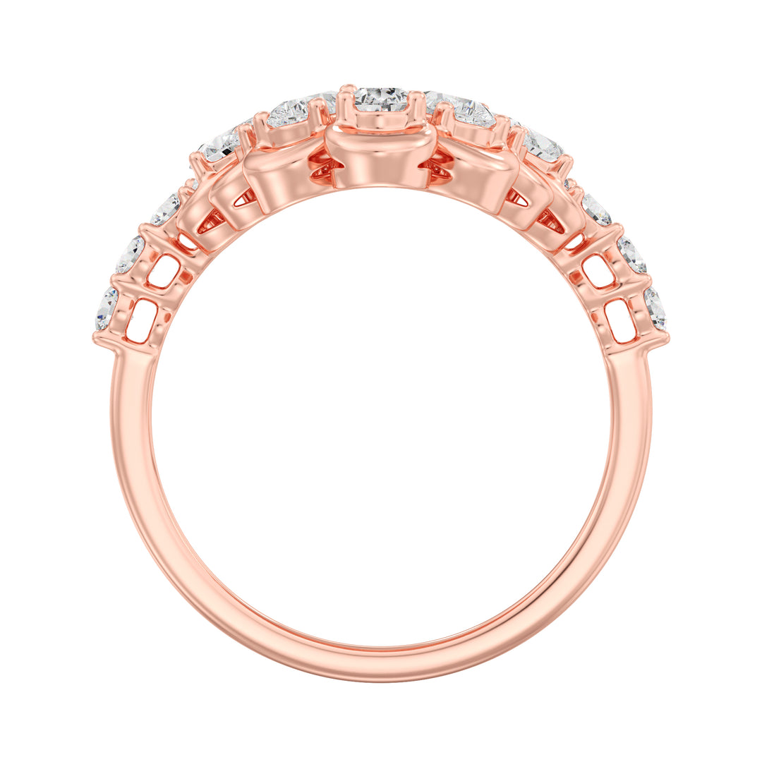 8K Rose Gold Blooming Floret Cather Ring with Lab-Grown Diamonds – Featuring 7 Pear-Cut and 15 Round-Cut Diamonds, 1.45 Carat Total Weight.