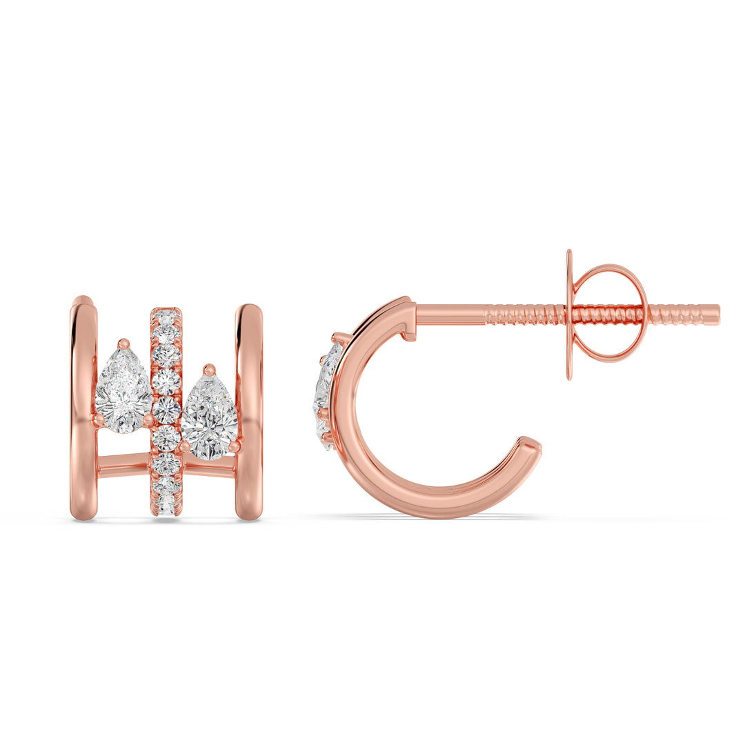 18K Rose Gold Triple Hoop Huggie Earrings embellished with lab-grown diamonds, showcasing a blend of round and pear-cut stones in a unique triple hoop design