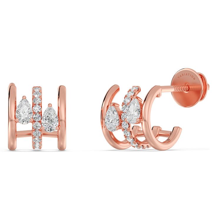 18K Rose Gold Triple Hoop Huggie Earrings embellished with lab-grown diamonds, showcasing a blend of round and pear-cut stones in a unique triple hoop design