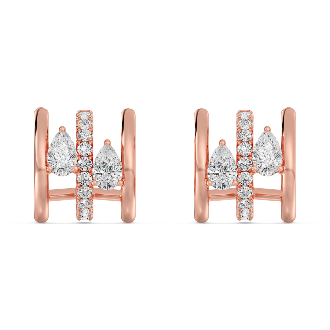 18K Rose Gold Triple Hoop Huggie Earrings embellished with lab-grown diamonds, showcasing a blend of round and pear-cut stones in a unique triple hoop design