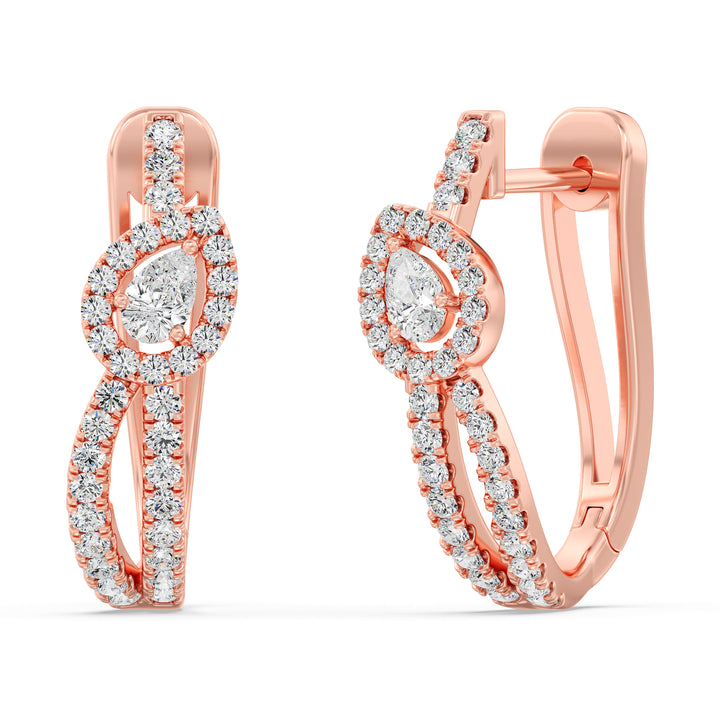 18K Rose Gold Twisted Hoop Earrings with Pear-Shaped Lab-Grown Diamonds, showcasing sparkling round and pear-cut diamonds in a stylish twisted design