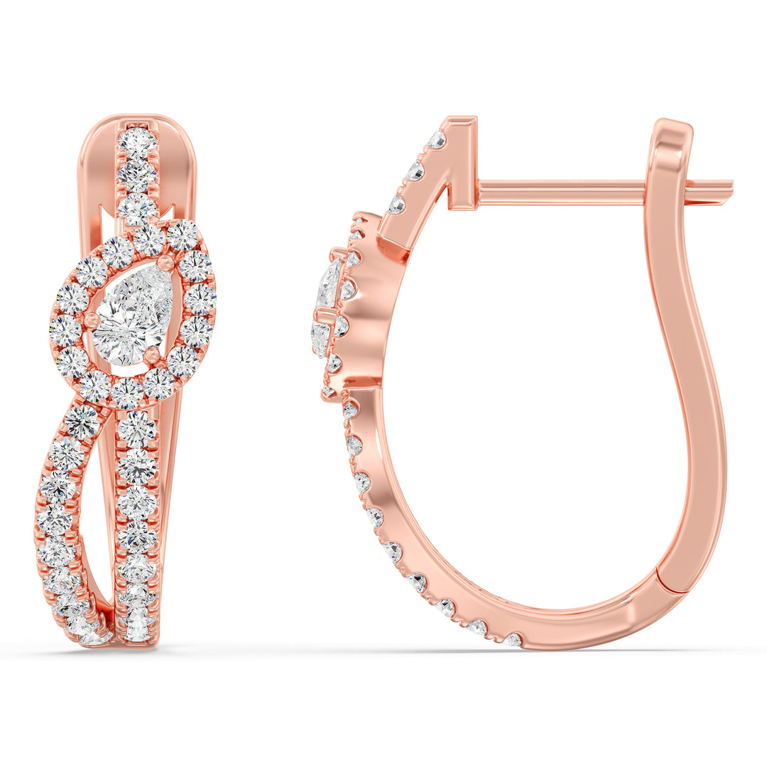 18K Rose Gold Twisted Hoop Earrings with Pear-Shaped Lab-Grown Diamonds, showcasing sparkling round and pear-cut diamonds in a stylish twisted design