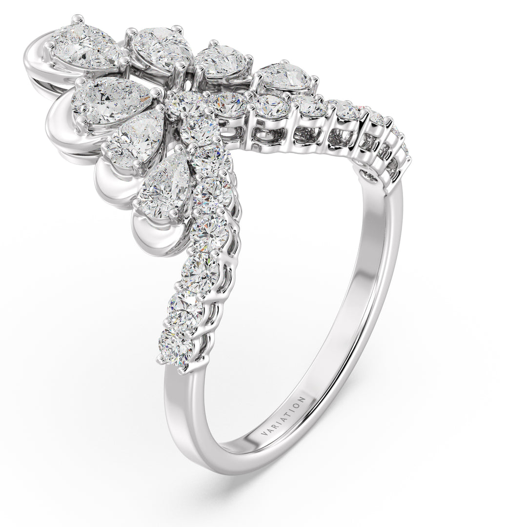 18K White Gold Blooming Floret Cather Ring with Lab-Grown Diamonds – Featuring 7 Pear-Cut and 15 Round-Cut Diamonds, 1.45 Carat Total Weight