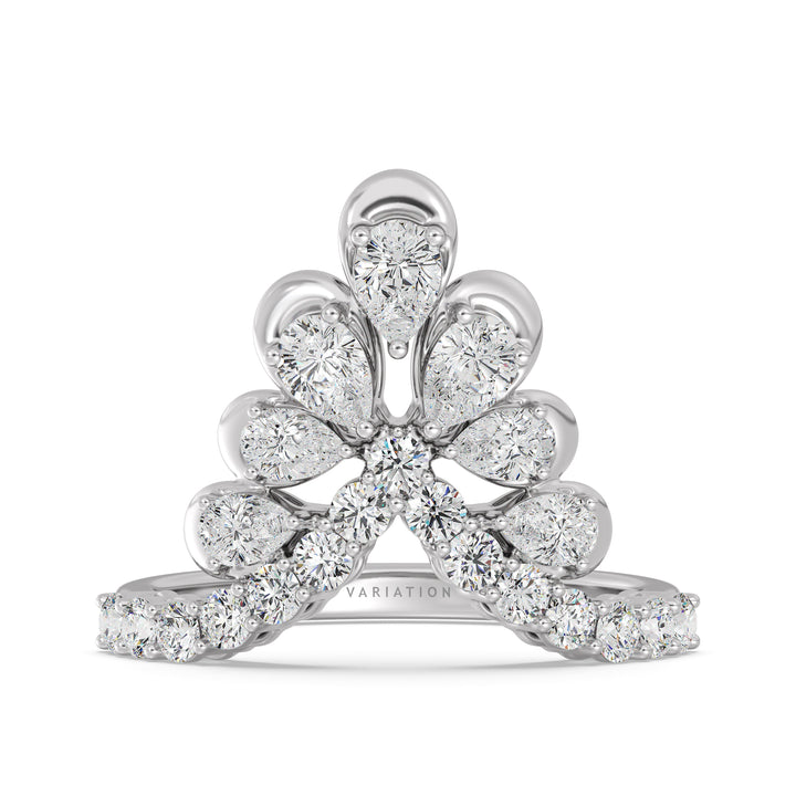 18K White Gold Blooming Floret Cather Ring with Lab-Grown Diamonds – Featuring 7 Pear-Cut and 15 Round-Cut Diamonds, 1.45 Carat Total Weight