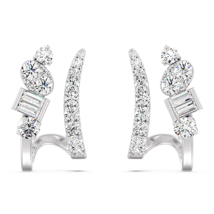 18K White Gold Diamond-Studded Hoop Earrings with Round and Baguette Cut Lab-Grown Diamonds