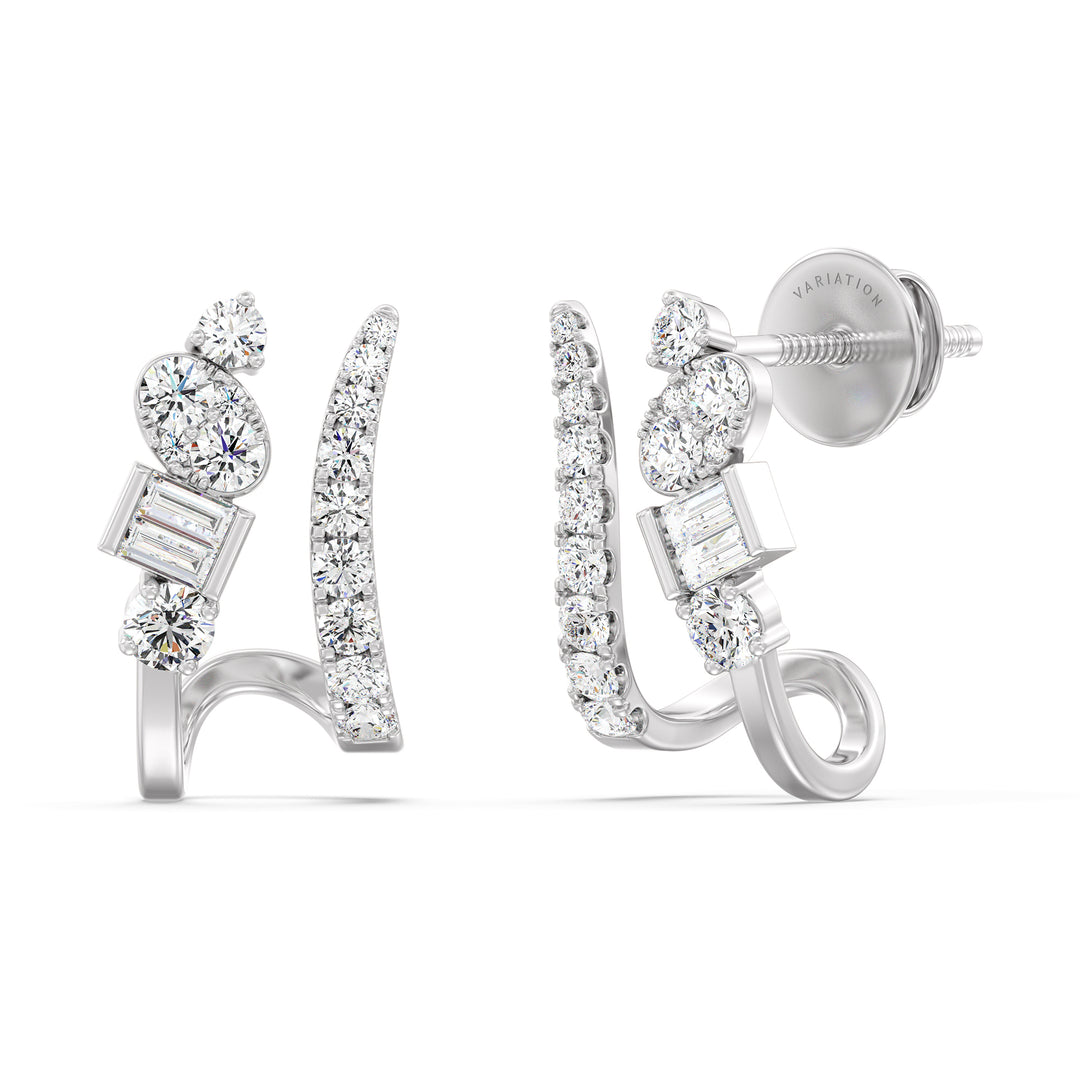 18K White Gold Diamond-Studded Hoop Earrings with Round and Baguette Cut Lab-Grown Diamonds