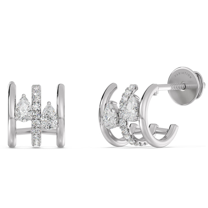 18K White Gold Triple Hoop Huggie Earrings set with lab-grown diamonds, combining round and pear-cut stones for an elegant and timeless look