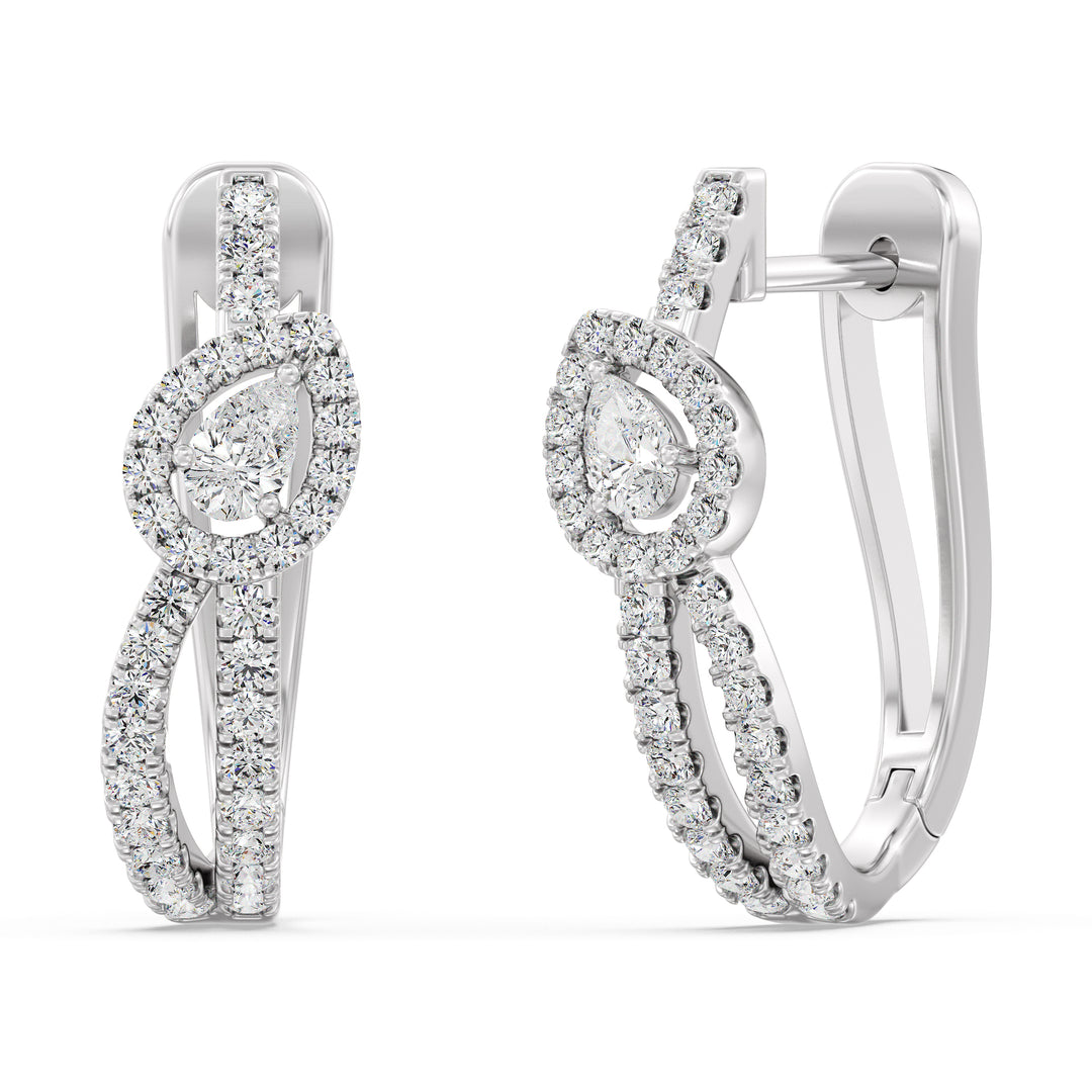 18K White Gold Twisted Hoop Earrings with Pear-Shaped Lab-Grown Diamonds, adorned with dazzling round and pear-cut diamonds for a sophisticated look