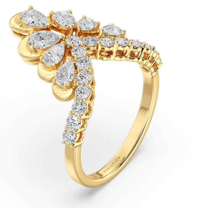 18K Yellow Gold Blooming Floret Cather Ring with Lab-Grown Diamonds – Featuring 7 Pear-Cut and 15 Round-Cut Diamonds, 1.45 Carat Total Weight