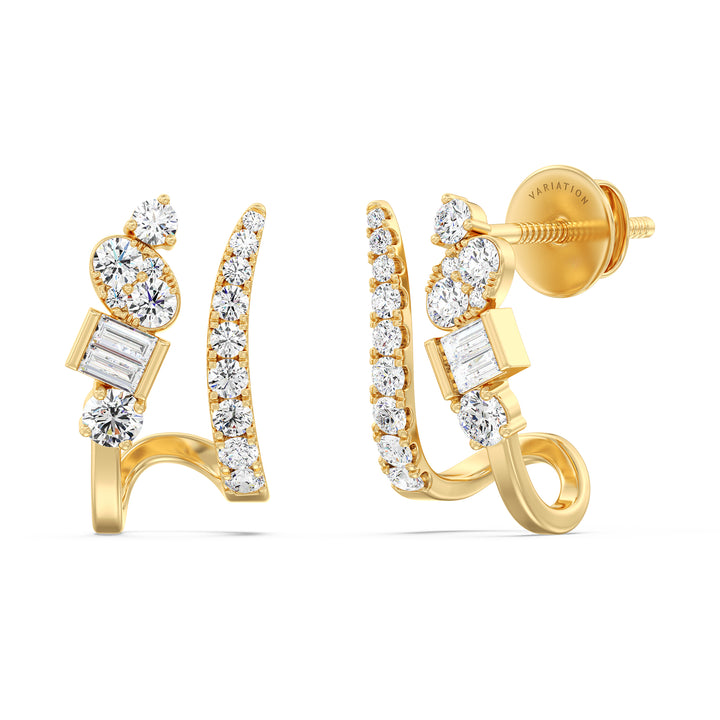 18K Yellow Gold Diamond-Studded Hoop Earrings with Round and Baguette Cut Lab-Grown Diamonds