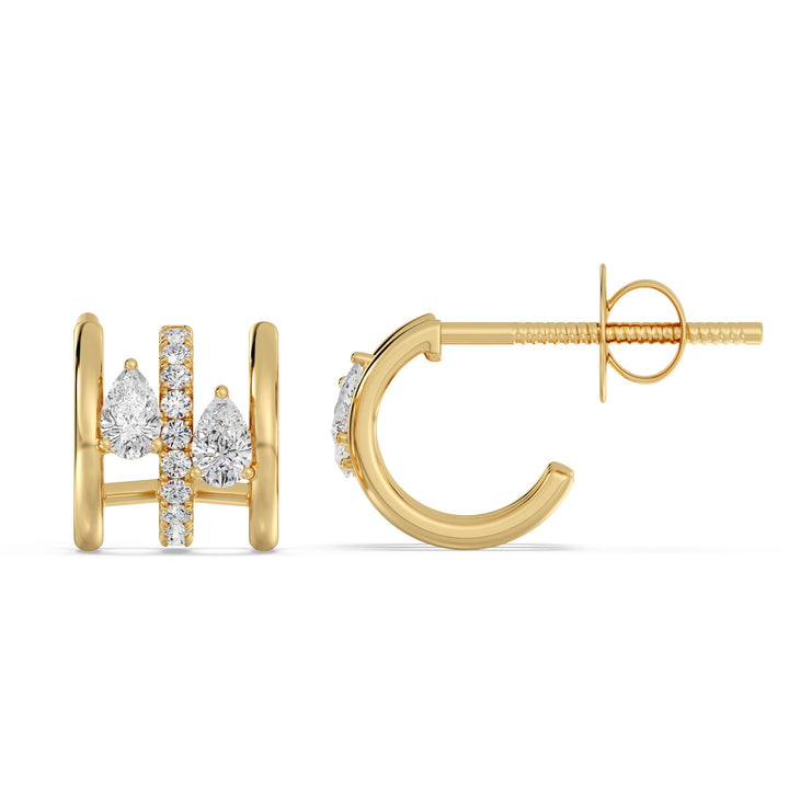 18K Yellow Gold Triple Hoop Huggie Earrings adorned with lab-grown diamonds, featuring a mix of round and pear-cut stones for a dazzling sparkle