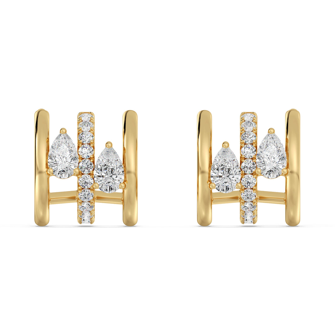 18K Yellow Gold Triple Hoop Huggie Earrings adorned with lab-grown diamonds, featuring a mix of round and pear-cut stones for a dazzling sparkle