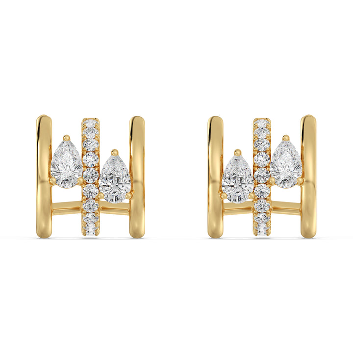 18K Yellow Gold Triple Hoop Huggie Earrings adorned with lab-grown diamonds, featuring a mix of round and pear-cut stones for a dazzling sparkle