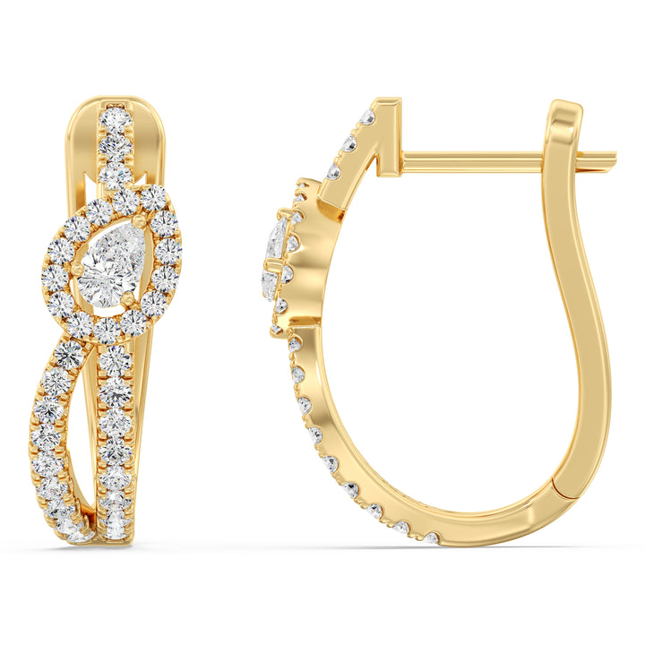 18K Yellow Gold Twisted Hoop Earrings with Pear-Shaped Lab-Grown Diamonds, featuring a mix of round and pear-cut diamonds in an elegant design