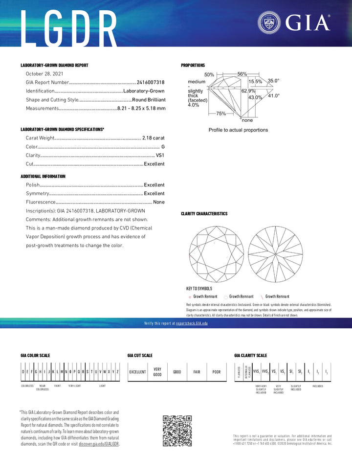 Diamant cultivé en laboratoire de 2,18 carats de taille ronde certifié GIA, couleur G, clarté VS1, excellente coupe