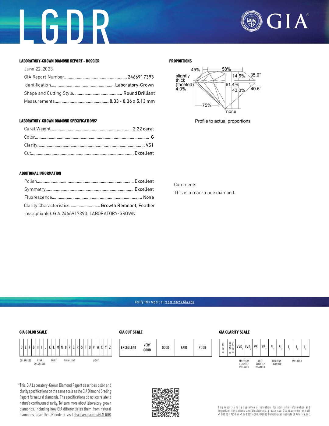 Diamant cultivé en laboratoire de 2,22 carats certifié GIA, couleur G, clarté VS1, excellente coupe