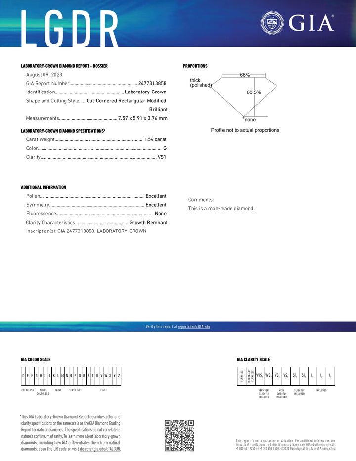 Diamant cultivé en laboratoire certifié GIA de 1,54 ct (couleur G, clarté VS1)