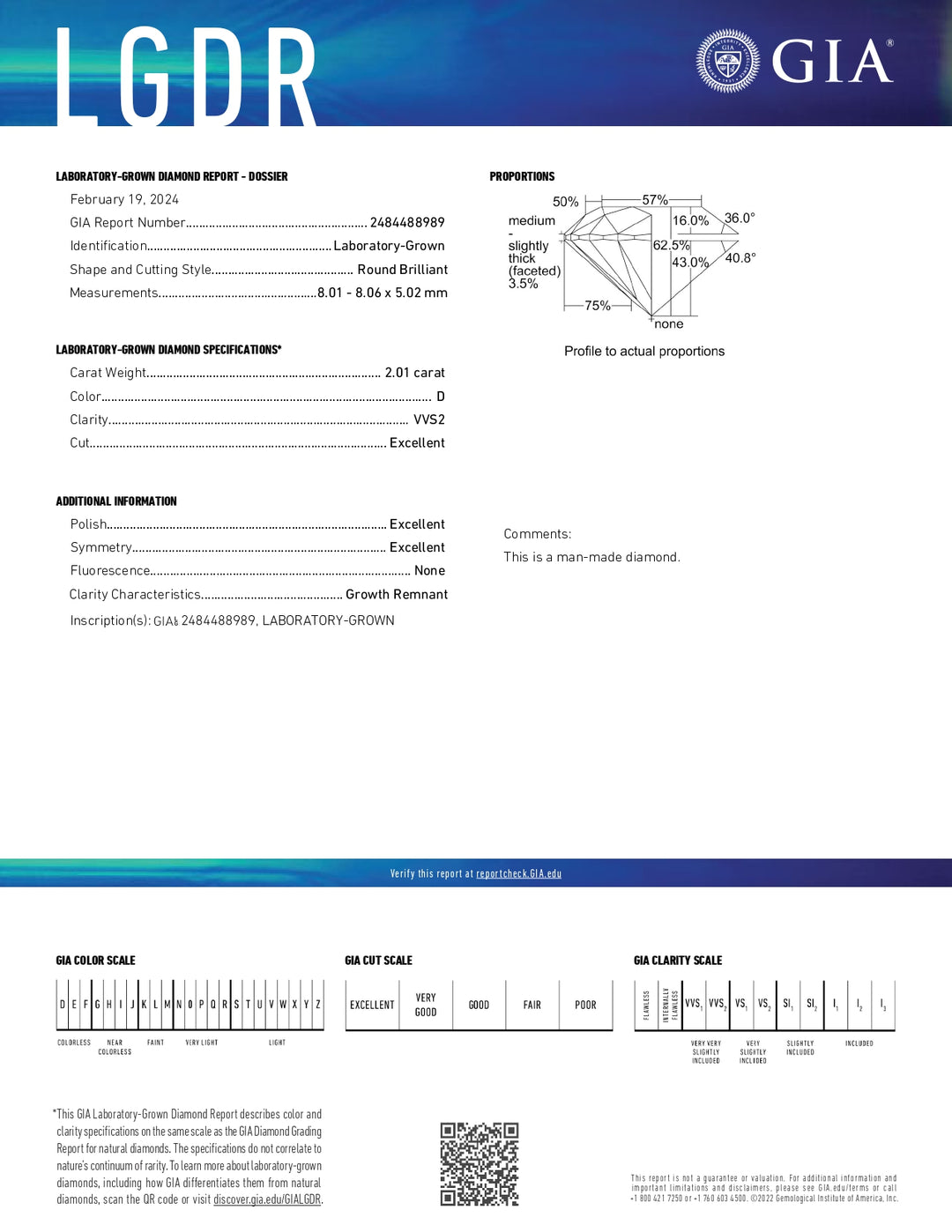 Diamant cultivé en laboratoire certifié GIA de 2,01 ct - Clarté VVS2, couleur D, excellente coupe