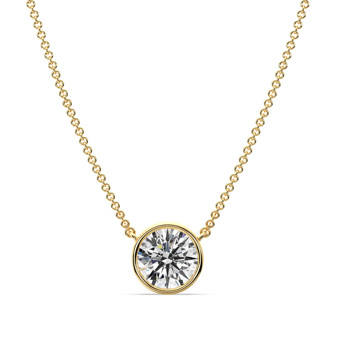 2 Carat Bezel-Set Round Lab-Grown Diamond Solitaire Pendant Necklace in 18K Yellow Gold. IGI-certified E/VS diamond in a secure bezel setting with a radiant yellow gold chain, offering timeless charm