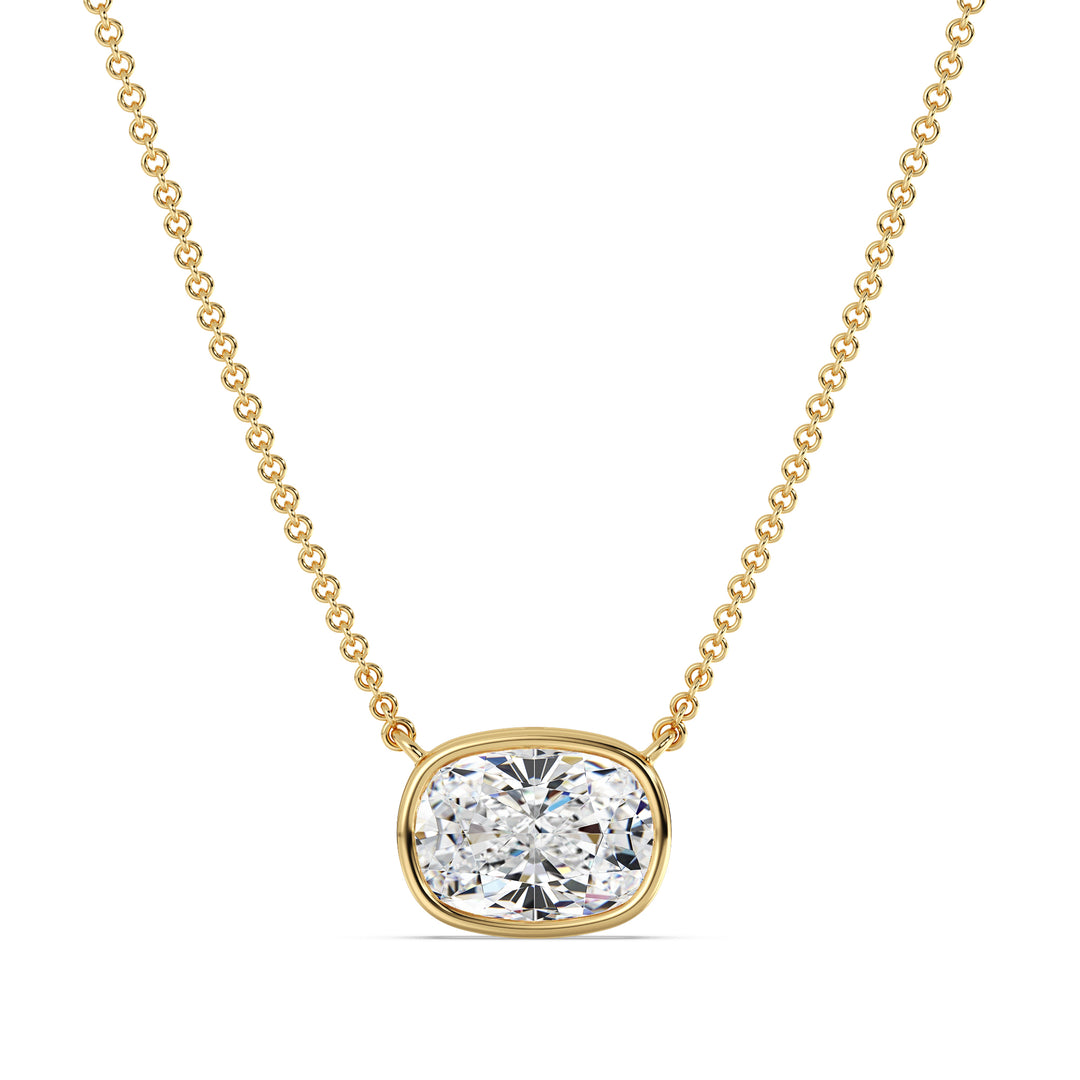 2 Carat Lab-Grown Cushion-Cut Diamond Bezel-Set Solitaire Pendant Necklace in 18K Yellow Gold, showcasing a sparkling E/VS cushion-cut diamond in a sleek bezel setting with a classic yellow gold chain