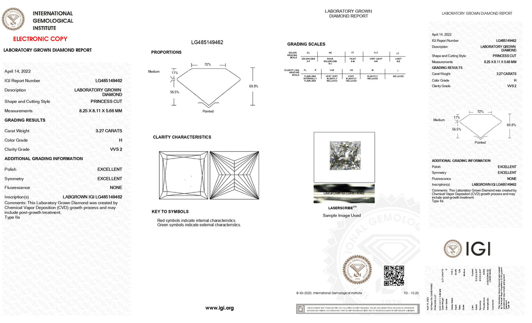 IGI Certified 3.27 CT Princess Cut Lab-Grown Diamond - VVS2 Clarity, H Color