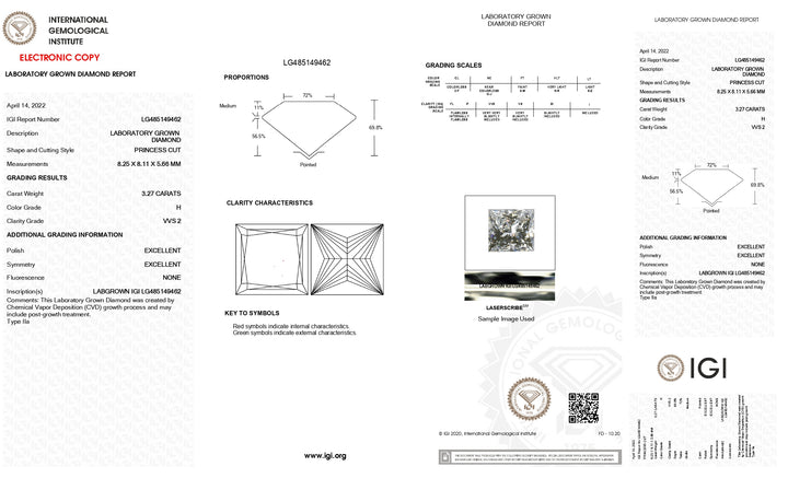 IGI Certified 3.27 CT Princess Cut Lab-Grown Diamond - VVS2 Clarity, H Color