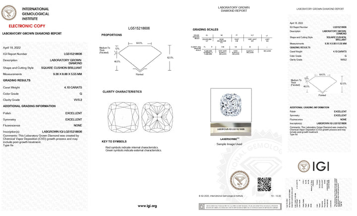 IGI Certified 4.10 CT Cushion Cut Lab-Grown Diamond - VVS2 Clarity, G Color