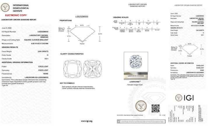 IGI Certified 3.64 CT Cushion Cut Lab-Grown Diamond - H Color, VS1 Clarity