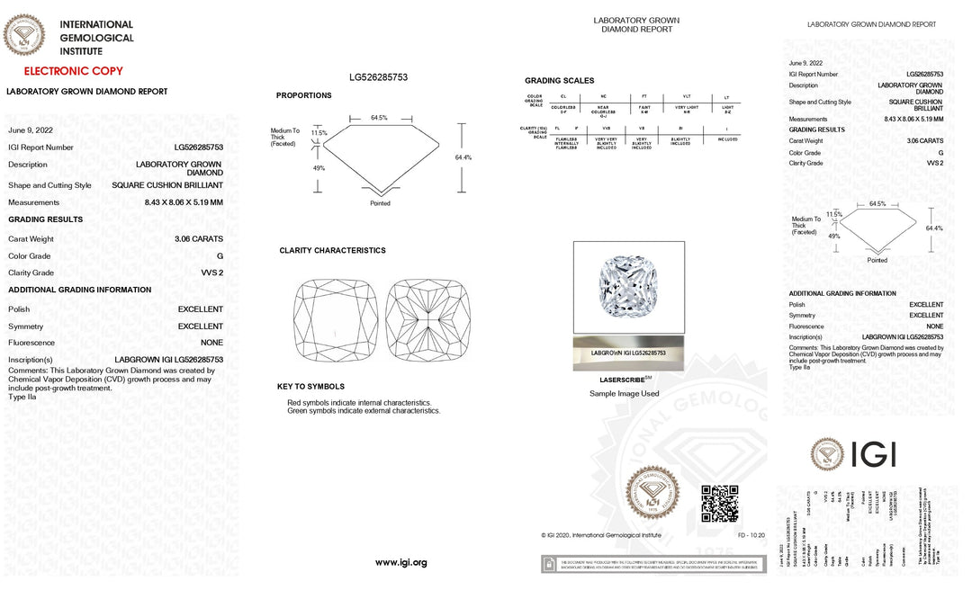 IGI Certified 3.06 CT Cushion Cut Lab-Grown Diamond, G Color, VVS2 Clarity