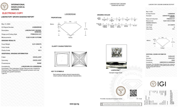 IGI Certified 6.21 CT Princess-Cut Lab Grown Diamond | G Color | VS1 Clarity