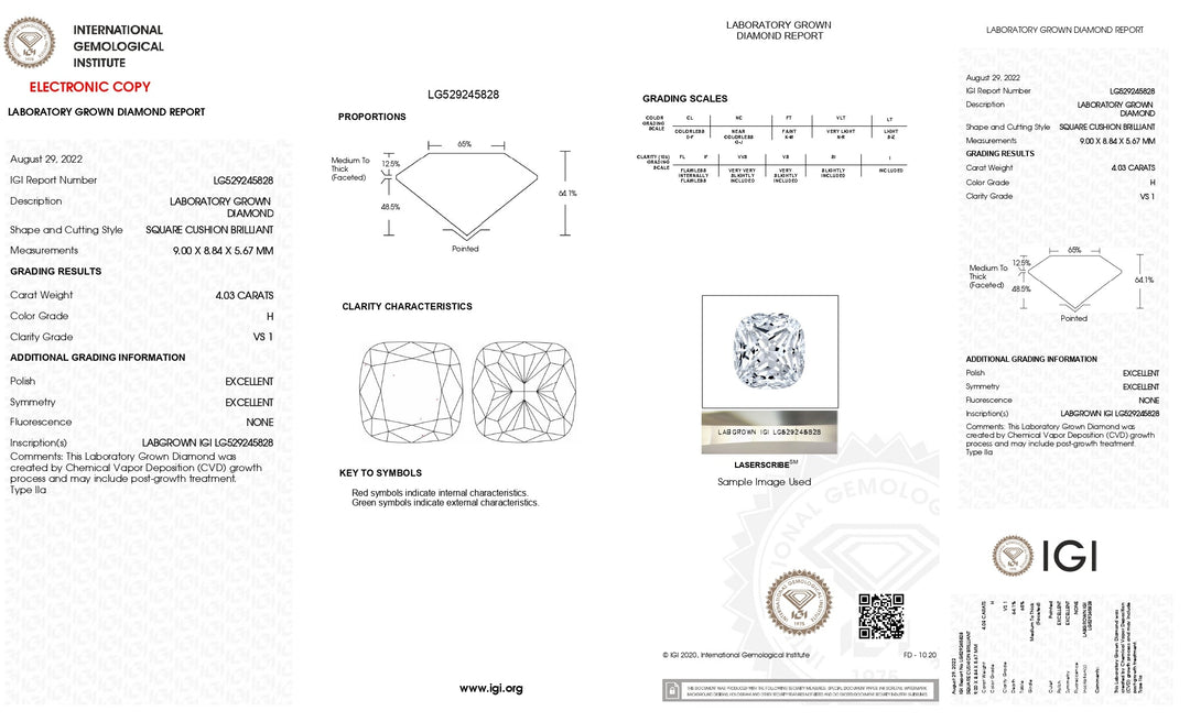 IGI Certified 4.03 CT Cushion Cut Lab-Grown Diamond - VS1 Clarity, H Color