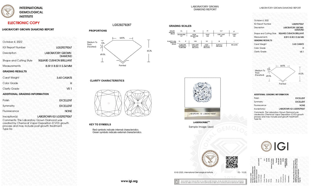 IGI Certified 3.60 CT Cushion Cut Lab-Grown Diamond - H Color, VS1 Clarity