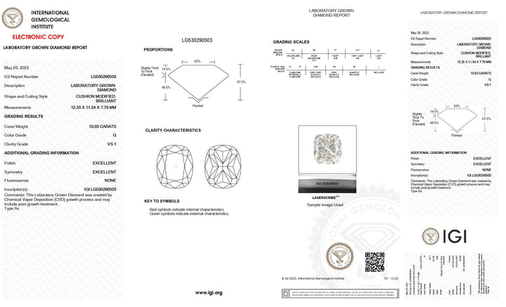 Exquisite 10.03 CT Cushion Cut Lab-Grown Diamond: IGI Certified, VS1 Clarity, G Color